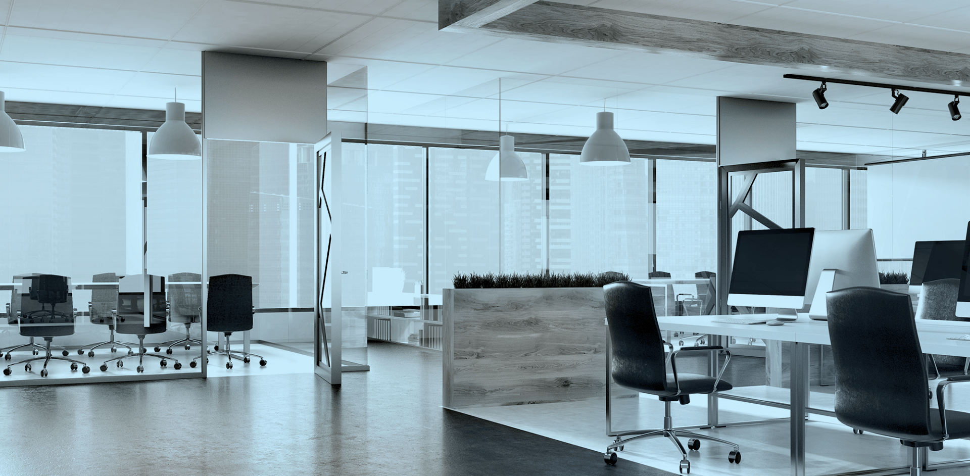 light-blue tinted image of office spaces and a conference room